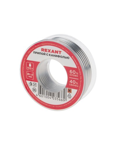 Припой с канифолью 100 гр. d=2.0 мм (Sn60 Pb40 Flux 2.2%) REXANT (09-3223) в Комсомольске-на-Амуре Монтажные материалы Pintop.ru