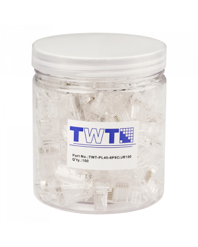 Коннектор RJ45 UTP 8P8C, универсальный, cat.5e, 100 шт. в банке TWT-PL45-8P8C/JR100 в Комсомольске-на-Амуре Коннекторы и разъемы Pintop.ru
