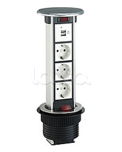 Блок розеточный встраеваемый в стол, 4 поста (45х45) IP54, с выключателем нагрузки (алюм+латунь) Экопласт 70344 в Комсомольске-на-Амуре Блоки розеток Pintop.ru